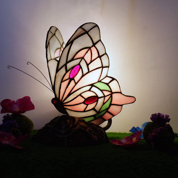 Werfactory® Tiffany Butterfly Lamp Cute Fairy Flying Wings Pink Stained Glass Warm Light